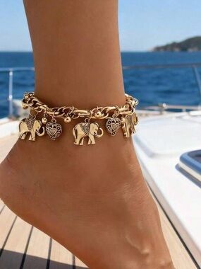 Gold Elephant & Heart Charm Anklet - Women's Jewelry